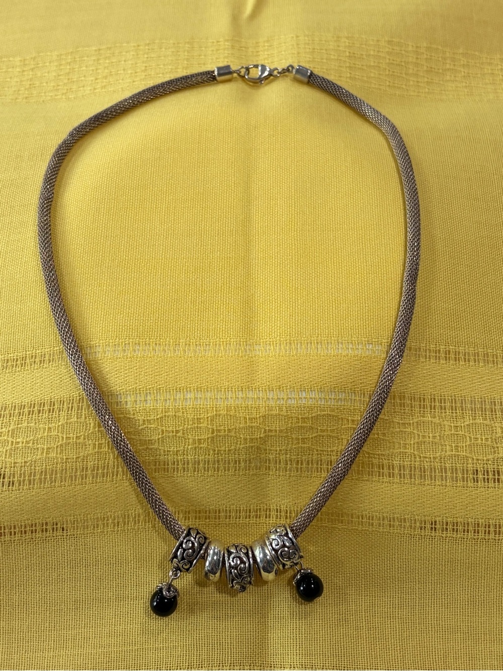 Vintage Woven Sterling Silver Mesh Slide Charm Necklace Onyx 925 A